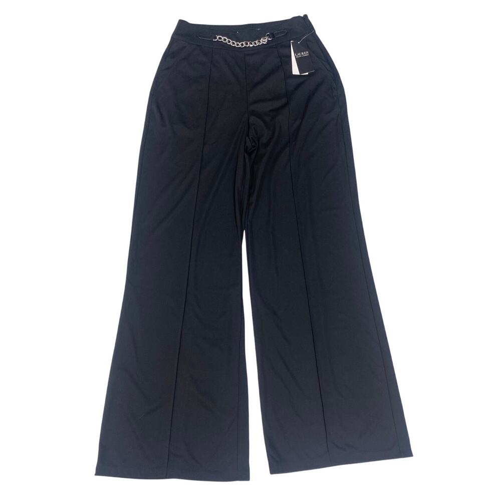 NEW Lauren Ralph Lauren metal belted wide leg front crease palazzo dress pants 8